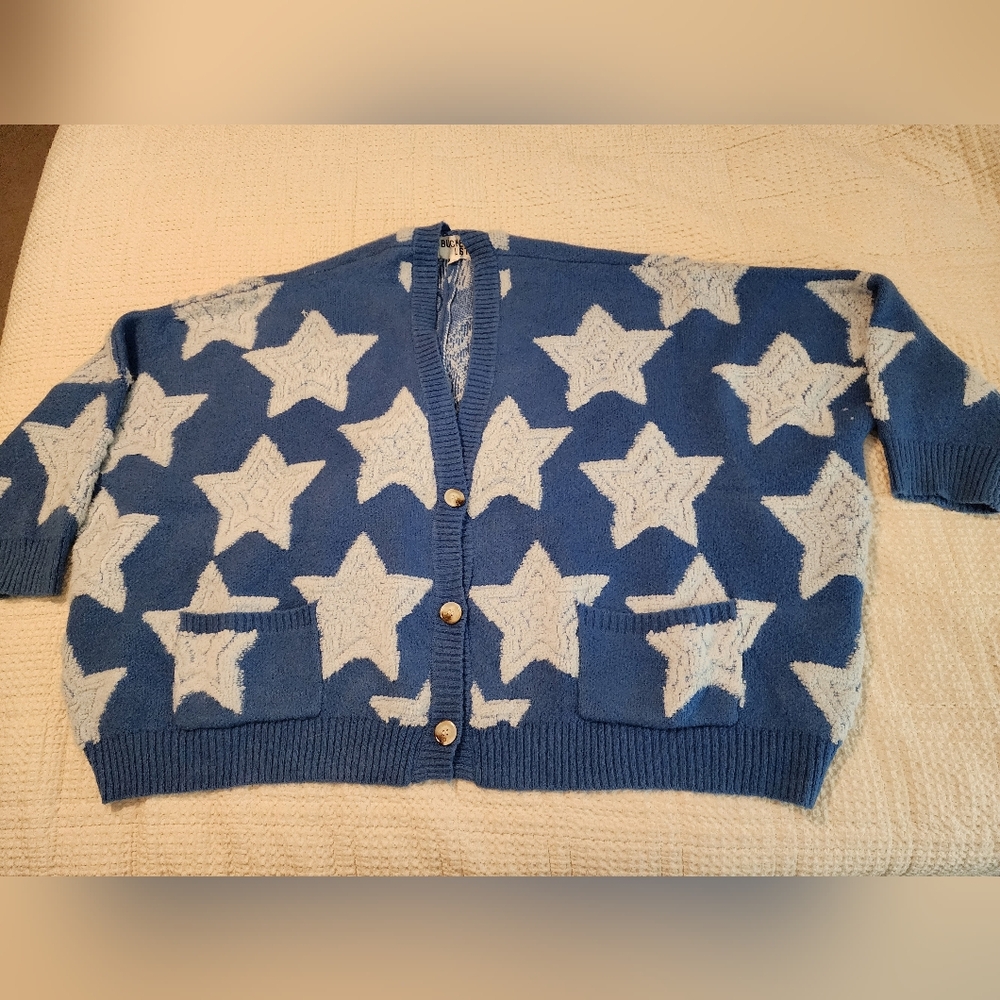 Bucket List Blue White Star Pattern Button-Up Chunky Cardigan Oversized 3X